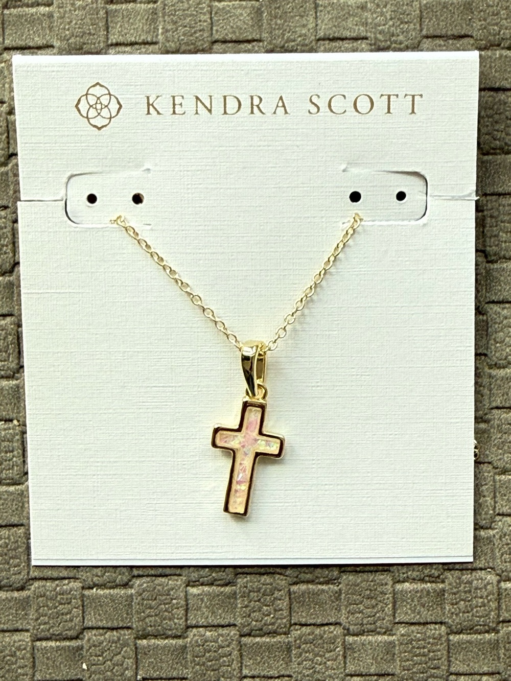 Kendra Scott Gold Cross Pendant Necklace with Pink Opal Inlay NEW